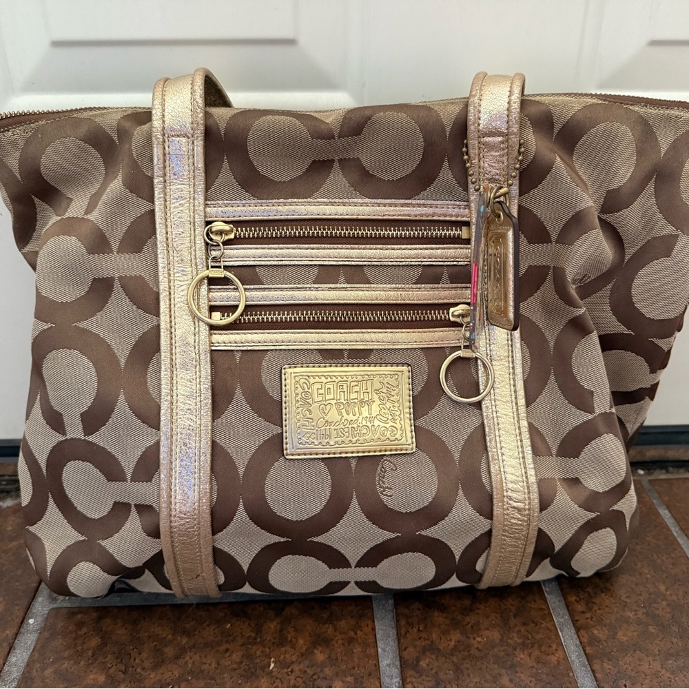 Coach Brown and Gold Tote Bag with Signature Monogram